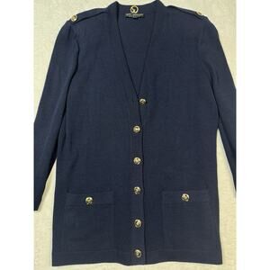 ST JOHN Cardigan Sweater Womens Large Blue Santana Knit Shoulder Padded Gold
